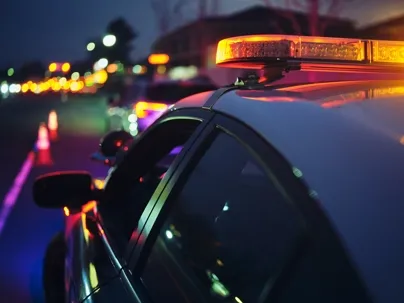 An image of a police patrol car with its lights on against a blurry, dark background.
