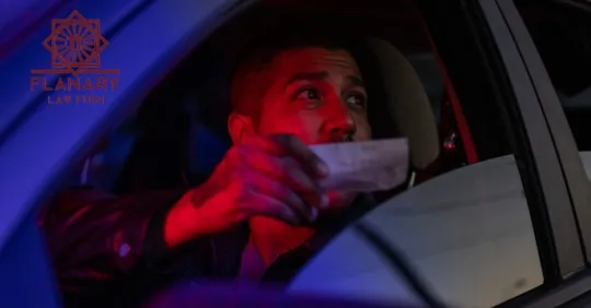 A driver inside a car handing over a license to a police officer during a nighttime traffic stop.